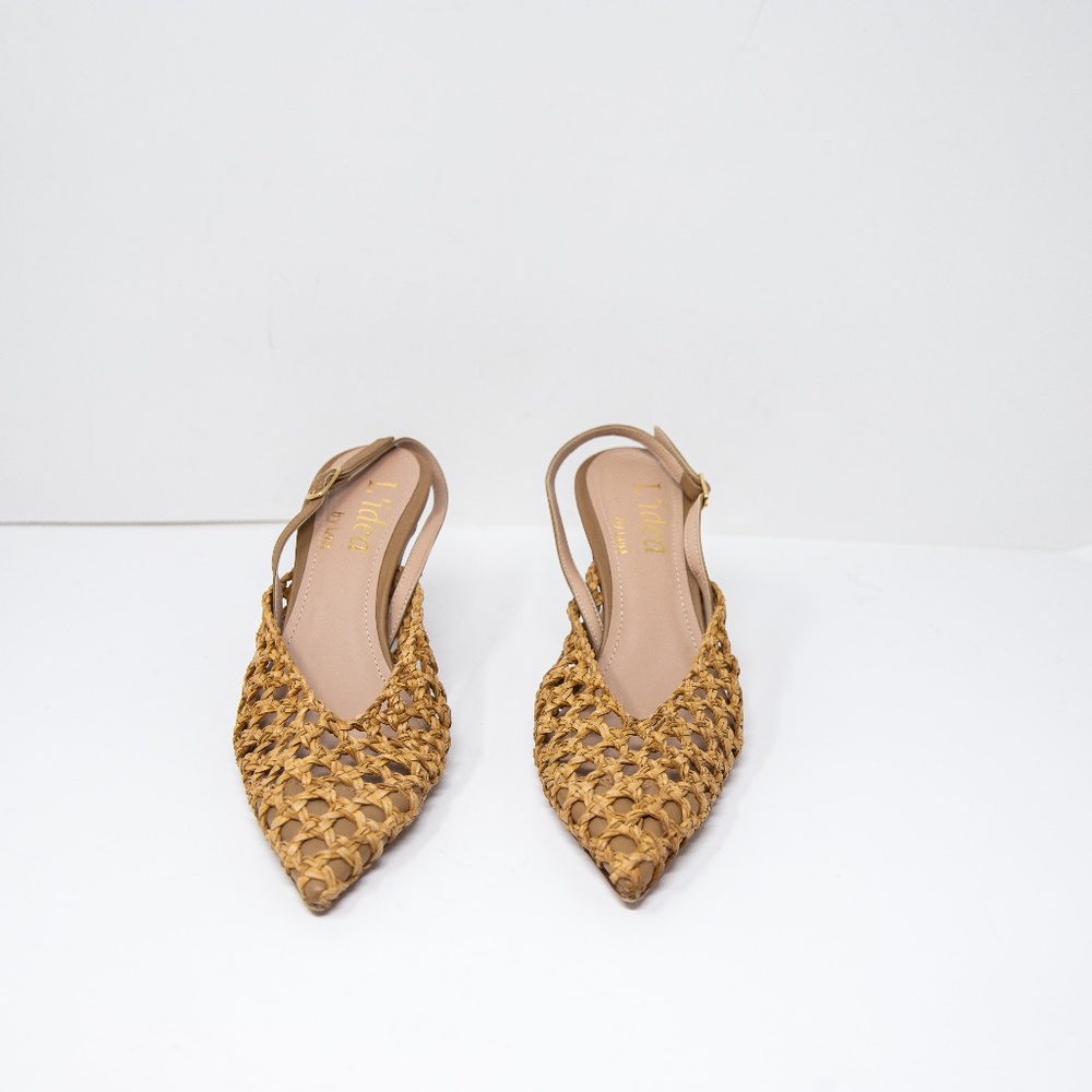Woven Pointed Slingback Heels in Tan - Picture 2 of 4